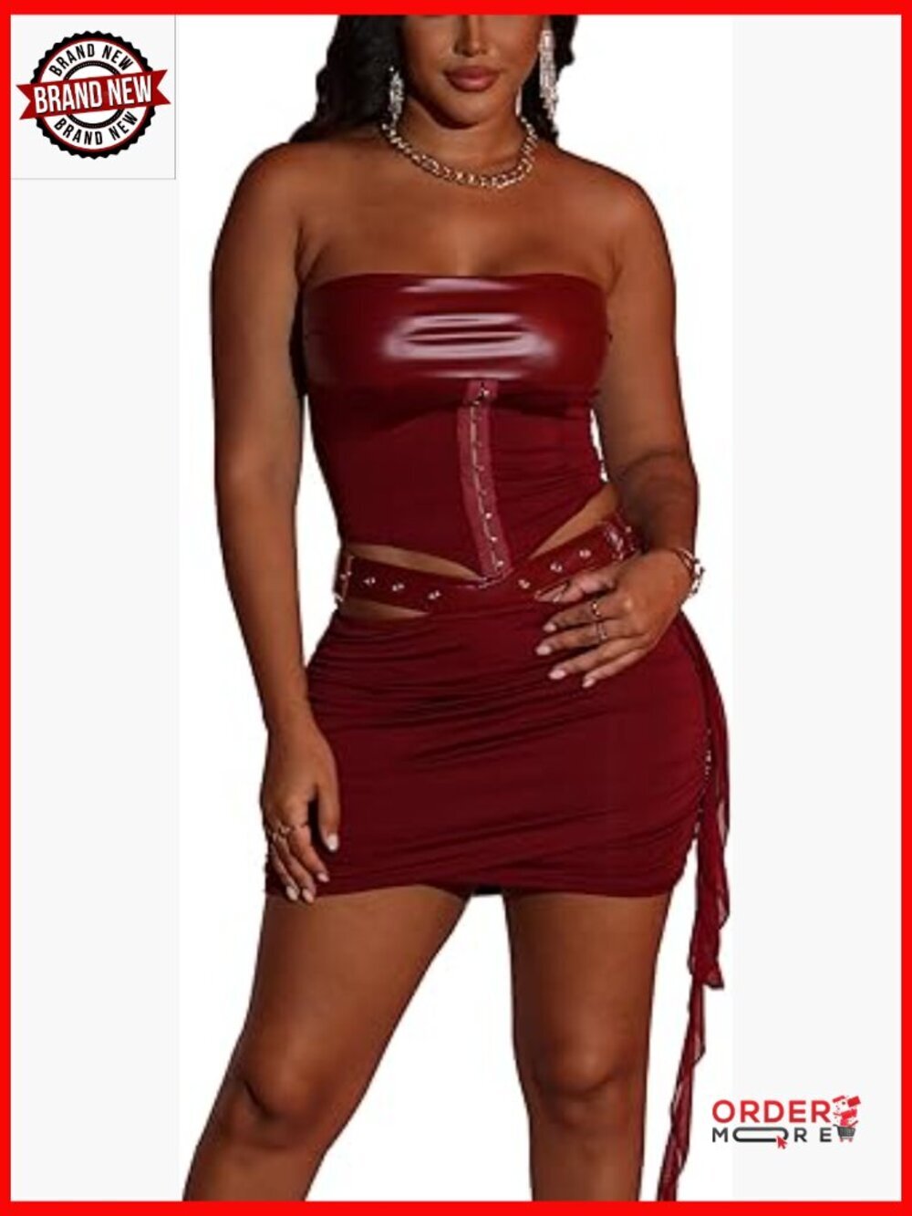 Faux PU Leather Two Piece Skirt Set Bodycon Crop Top and Mini Skirt Clubwear